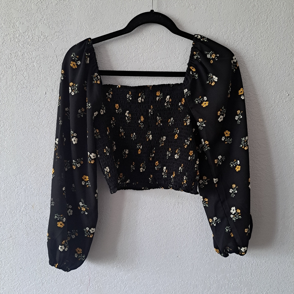 Love Tree Black Floral Smocked Blouse - Picture 1 of 5